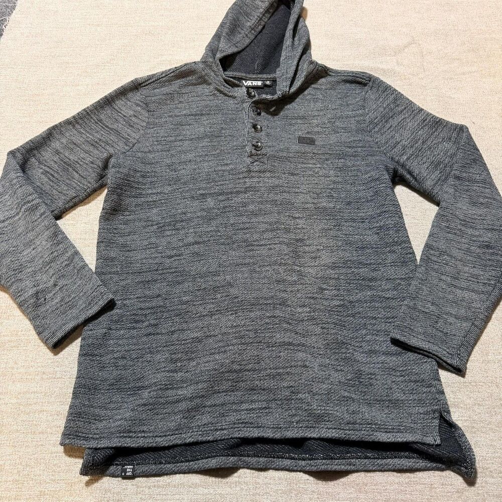 VANS Sweater Mens Medium Gray Hooded Henley Knit Long Sleeve Pullover Casual